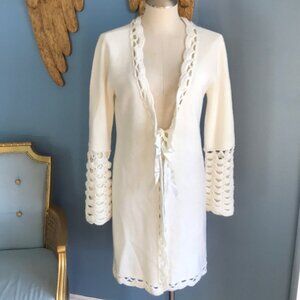 Apostrophe cream crochet mid length open cardigan sweater size M (8-10) feminine